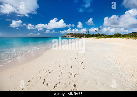 Idyllic tropical Darkwood beach at Antigua island in Caribbean with white sand,  turquoise ocean water and blue sky