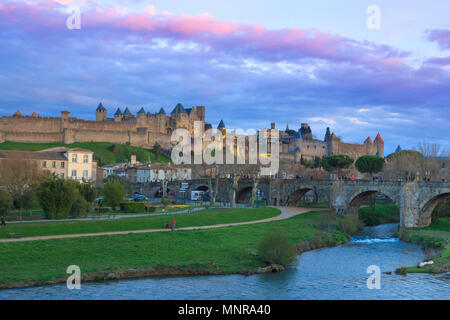 View of the medieval Citadel and bridge over river Aude in Carcassonne, France Stock Photo