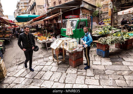 Palermo, Italy, April 26, 2018: Balaro market with fresh fruit, vegetable and fish in Palermo. Stock Photo