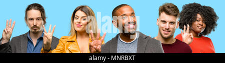 Group of mixed people, women and men raising finger, is the number three Stock Photo