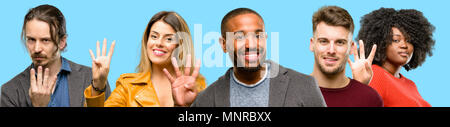 Group of mixed people, women and men raising finger, is the number four Stock Photo