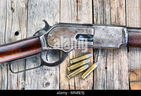 Antique 1876 lever action cowboy rifle. Stock Photo