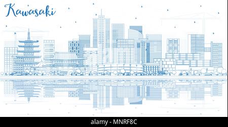 Outline Kawasaki Japan City Skyline with Blue Buildings and Reflections. Vector Illustration. Stock Vector