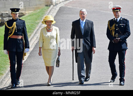 Former British Prime Minister, Sir John Major arrives with his wife Dame Norma Major at St George's Chapel at Windsor Castle for the wedding of Meghan Markle and Prince Harry. Stock Photo