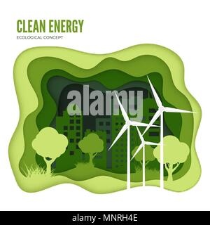 Green energy ecological concept. Green paper cut banner template. World Environment Day. Vector illustration isolated on white background Stock Vector