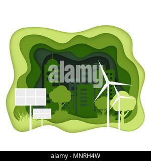 Ecosystem concept. Eco city with clean energy. Creen paper cut ecology banner.  World Environmant day. Solar battery and wind power plants symbol of g Stock Vector