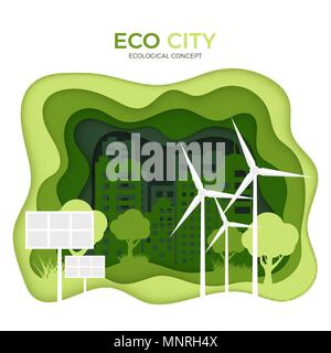 Eco city ecological concept. Green paper cut banner template. World Environment Day. Green energy source solar battery and wind power plant. Vector il Stock Vector