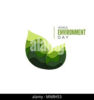 World Environment Day banner concept. Ecology poster design. Paper cut green leaf concept. Vector illustration isolated on white background Stock Vector