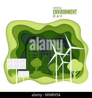 World Environment Day. Abstract green city concept. Ecology concept banner with paper cut green texture. Green energy concept. Vector illustration iso Stock Vector