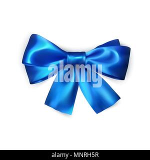 Blue bow isolated on white background. Realistic silk bow. Decoration for gifts and packing blue bow. Vector illustration Stock Vector