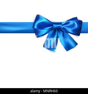 Decorative bow with horizontal blue ribbon. Blue bow for page decor isolated on white background. Vector illustration Stock Vector