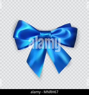 Blue bow. Realistic silk bow. Decoration for gifts and packing blue bow. Vector illustration isolated on transparent background Stock Vector