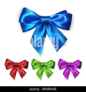 Colorful silk bow set. Decoration collection of elegant bows. Bow design different colors. Color wrapping bow set. Vector illustration isolated on whi Stock Vector