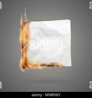 Burning piece of crumpled paper. crumpled empty paper blank for banner. Creased paper texture in fire. Vector illustration isolated on dark background Stock Vector
