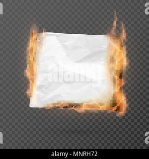 Burning piece of crumpled paper with copy space. crumpled paper blank. Creased paper texture in fire. Vector illustration isolated on transparent back Stock Vector