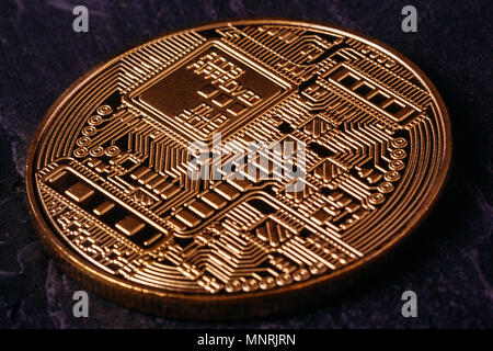 The reverse side of the coin Close-up of the Bitcoin crypto currency Stock Photo