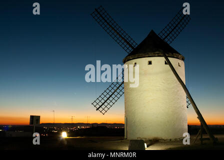 Windmills, Wind energy, Nocturnal Campo de Criptana, Ciudad Real, Spain Stock Photo