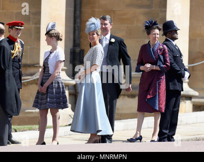 (Left-right) the Earl of Wessex, Lady Louise Windsor, Sophie, Countess of Wessex, Vice Admiral Sir Timothy Laurence and Princess Royal arrive at St George's Chapel at Windsor Castle for the wedding of Meghan Markle and Prince Harry. Stock Photo