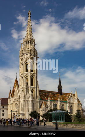 The white gothic exterior of St Matthias Cathedral, Details of the decor of the Cathedral of St. Matthias in Budapest, Hungary 11 of April 2018 Stock Photo