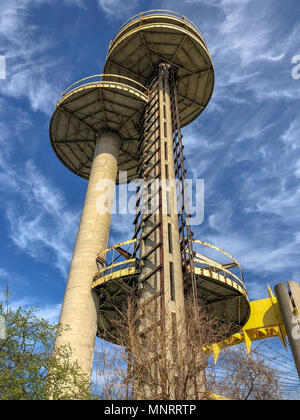 Flushing, New York - Apr 21, 2018: The Observation Towers of the New York State Pavilion, the historic world's fair pavilion at Flushing Meadows-Coron Stock Photo