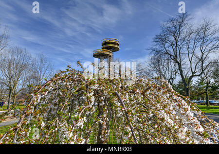 Flushing, New York - Apr 21, 2018: The Observation Towers of the New York State Pavilion, the historic world's fair pavilion at Flushing Meadows-Coron Stock Photo