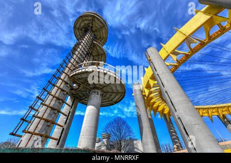 Flushing, New York - Apr 21, 2018: The Observation Towers of the New York State Pavilion, the historic world's fair pavilion at Flushing Meadows-Coron Stock Photo