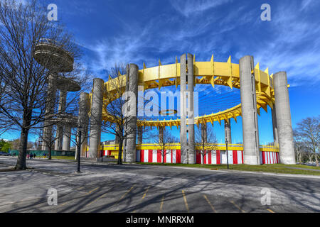 Flushing, New York - Apr 21, 2018: The Tent of Tomorrow in the New York State Pavilion, the historic world's fair pavilion at Flushing Meadows–Corona  Stock Photo