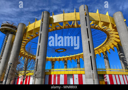 Flushing, New York - Apr 21, 2018: The Tent of Tomorrow in the New York State Pavilion, the historic world's fair pavilion at Flushing Meadows–Corona  Stock Photo