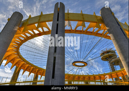 Flushing, New York - Apr 21, 2018: The Tent of Tomorrow in the New York State Pavilion, the historic world's fair pavilion at Flushing Meadows–Corona  Stock Photo