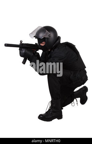 police special forces officer in black uniform isolated on white Stock Photo