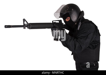 SWAT officer in black uniform isolated on white Stock Photo