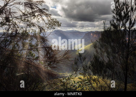 The sun's rays filter through the clouds to highlight the valley below of the Blue Mountains. Stock Photo