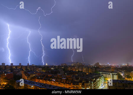 Lightning and storm over Varna, Bulgaria, Night cityscape Stock Photo