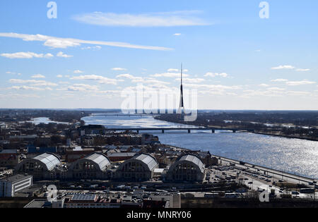 Riga, Latvia, 27 March, 2018.  Embankment in Riga, Latvia. Riga TV tower and cityscape. Stock Photo