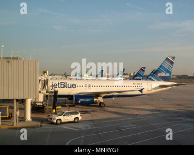 NEW YORK, NY – May 11, 2018: Fleet of JetBlue airliners waiting for refuel at JFK Airport Stock Photo