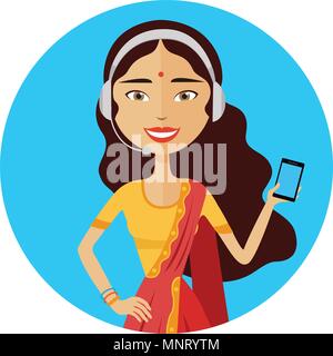 Image of smiling support phone indian female operator vector illustration isolated on white Stock Vector