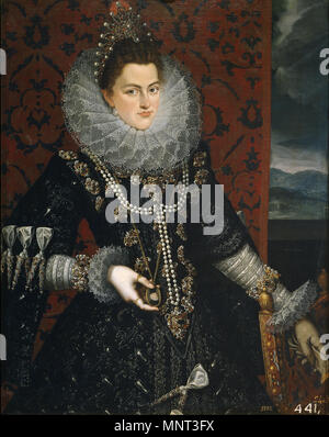 La infanta Isabel Clara Eugenia.  Español: Retrato de la infanta Isabel Clara Eugenia (1566-1633), que fue hija del rey Felipe II de España, esposa del archiduque Alberto de Austria y también soberana y posteriormente gobernadora de los Países Bajos. . between circa 1598 and circa 1599.   674 Isabel Clara Eugenia (Pantoja de la Cruz) Stock Photo