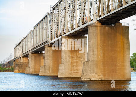 Kyiv, Ukraine, April 29, 2018. Petrovsky railway bridge. View from the right bank of the Dnipro Stock Photo