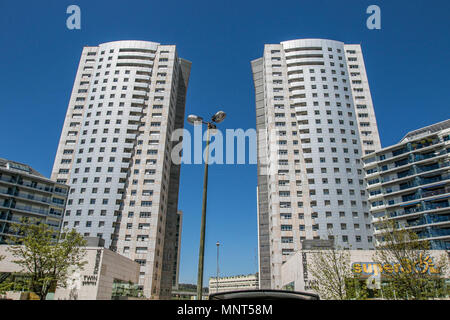 Lisbon, Portugal, May 5, 2018: Two identical residential high rise buildings called Twin Towers Stock Photo