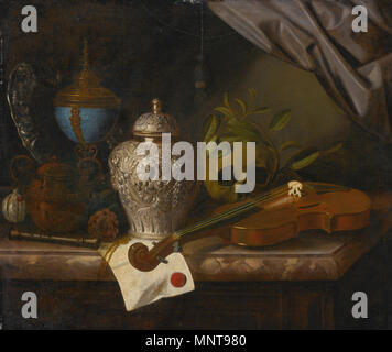 . A vanitas still life with a violin, a skull draped with laurel branches, a silver ginger jar, a recorder, a letter with a red seal, a silver gilt hardstone cup and a silver dish, all on a marble ledge oil on canvas, 63.5 x 75 cm . 17th century.   Pieter Gerritsz van Roestraten  (1630–1700)     Alternative names Pieter van Roestraeten, Pieter van Roestraten, Pieter Gerritse van Roestraette, Pieter Gerritsz. van Roestraten, Pieter Gerritsz. van Roestratte, Gerritsz. van Roestraten, Pieter Gerritsz. van Roerstraten  Description Dutch painter and draughtsman  Date of birth/death 21 April 1630 (b Stock Photo