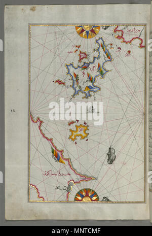 Piri Reis (Turkish, 1465-1555). 'Leaf from Book on Navigation,' 17th-18th century. ink, paint, and gold on paper. Walters Art Museum (W.658.88A): Acquired by Henry Walters. W.658.88a 1004 Piri Reis - Map of the Island of Kalimnos - Walters W65888A - Full Page Stock Photo