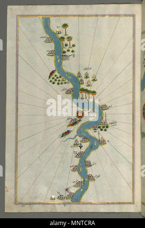 Piri Reis (Turkish, 1465-1555). 'Leaf from Book on Navigation,' 17th-18th century. ink, paint, and gold on paper. Walters Art Museum (W.658.307A): Acquired by Henry Walters. W.658.307a 1004 Piri Reis - Map of the River Nile with Various Oases on Each Side - Walters W658307A - Full Page Stock Photo