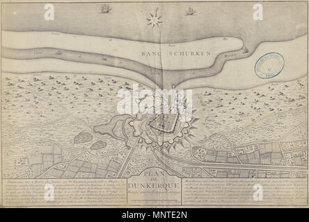 . Français : Plan de Dunkerque et de ses fortifications, entre 1658 (conquête anglaise) et 1662 (achat par la France). English: Map of Dunkirk and its fortifications, between 1658 (English conquest) and 1662 (purchase by France). circa 1660. Inconnu ou anonyme 1008 Plan de Dunkerque vers 1660 avant rachat par Louis XIV et travaux de Vauban Stock Photo