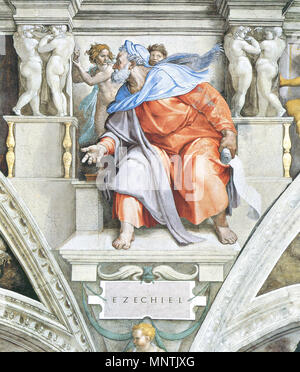 . English: Ezekiel on the ceiling of the Sistine Chapel in the Vatican between 1508 to 1512, fresco, restored. Deutsch: Prophet Ezechiel in der Sixtinischen Kapelle (Vatikan), gemalt al fresco, restauriert Polski: Fresk w Kaplicy Syksyńskiej przedstawiający Sąd Ostateczny Michała Anioła. between 1508 and 1512.   Michelangelo Buonarroti     Alternative names Michelangelo di Lodovico Buonarroti Simoni Français : Michel-Ange Polski: Michał Anioł  Date of birth/death 6 March 1475 18 February 1564  Location of birth/death Deutsch: Caprese Michelangelo bei Arezzo Français : Caprese, au nord d'Arezzo Stock Photo