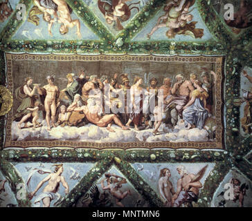English: The Council of Gods   between 1517 and 1518.   1038 Raffael, Loggia di Psiche, Villa Farnesina, Rome 03 Stock Photo