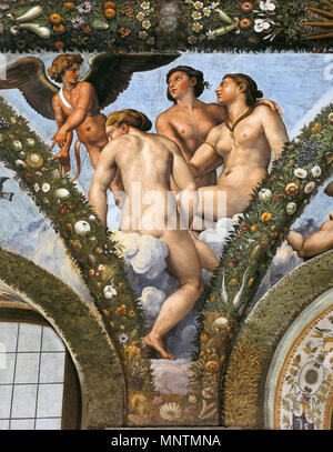 Cupid  and The Three Graces   between 1517 and 1518.   1038 Raffael, Loggia di Psiche, Villa Farnesina, Rome 09 Stock Photo