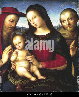 Madonna and Child and with Saints Jerome and Francis   1501/1502.   1038 Raffaello Maria, Kind und Hieronymus und Franziskus Stock Photo