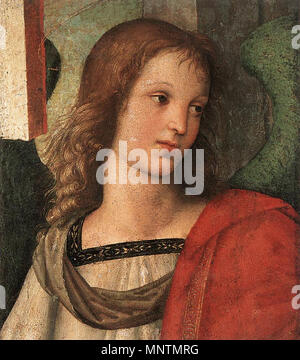 Angel (fragment of the Baronci Altarpiece) Italiano: Raffaello, Angelo. Faceva parte della Pala di San Nicola da Tolentino, che doveva collocarsi nella cappella di Andre Baronci nella Chiesa di Sant'Agostino a Città di Castello.    between 1500 and 1501.   1038 Raffaello Sanzio - Angel (fragment of the Baronci Altarpiece) - WGA18605 Stock Photo