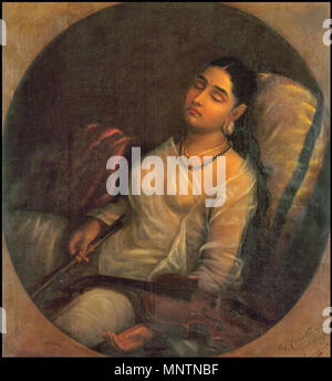 English: Lady Resting on the Pillow മലയാളം: വിശ്രമിക്കുന്ന വനിത .  English: A lady half-asleep while playing violin മലയാളം: വയലിൻ വായിച്ചുകൊണ്ടിരിക്കെ പാതിമയക്കത്തിലായ വനിത. . Unknown date.   1040 Raja Ravi Varma, Lady Resting on the Pillow Stock Photo