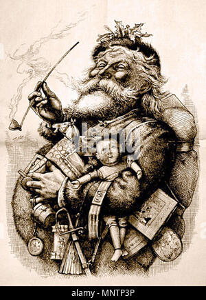 . English: Thomas Nast's most famous drawing, 'Merry Old Santa Claus', from the January 1, 1881 edition of Harper's Weekly. Thomas Nast immortalized Santa Claus' current look with an initial illustration in an 1863 issue of Harper's Weekly, as part of a large illustration titled 'A Christmas Furlough' in which Nast set aside his regular news and political coverage to do a Santa Claus drawing. The popularity of that image prompted him to create another illustration in 1881. 1 January 1881. Thomas Nast 885 MerryOldSanta